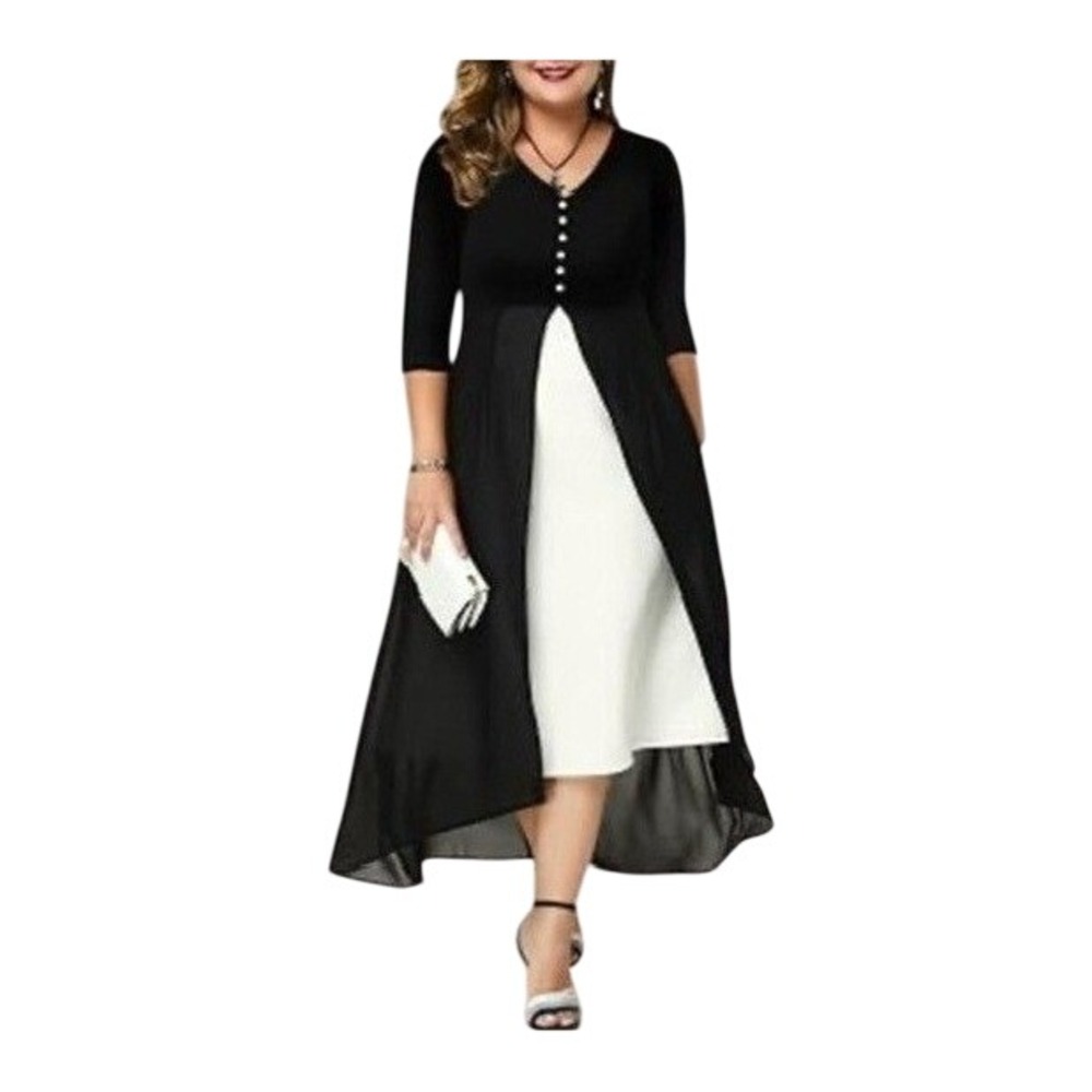 Chiffon Contrast Overlay‎ Woman's Midi Dress 4XL Black Button Front Minimalist